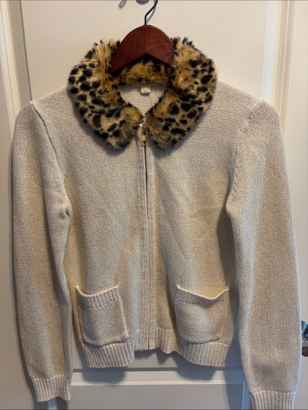 J. Crew Knit Zip-Front Jacket with Leopard Faux-Fur Collar